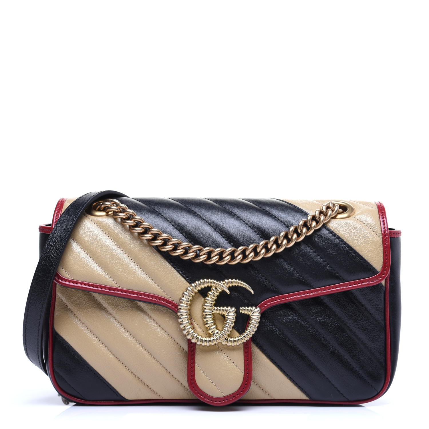 GUCCI Vintage Effect Calfskin Matelasse Medium Striped GG Marmont Shoulder Bag Black Beige