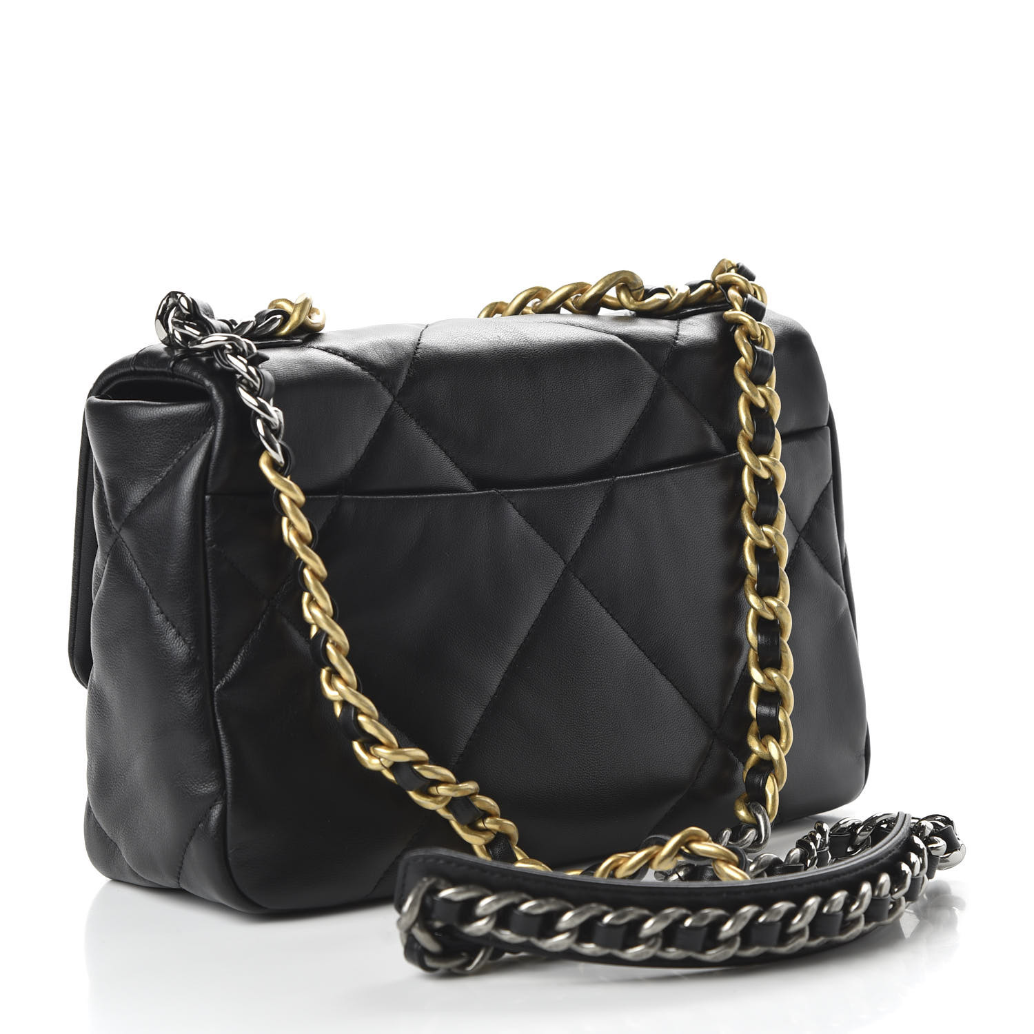 CHANEL Shiny Goatskin Quilted Medium 19 Flap Black