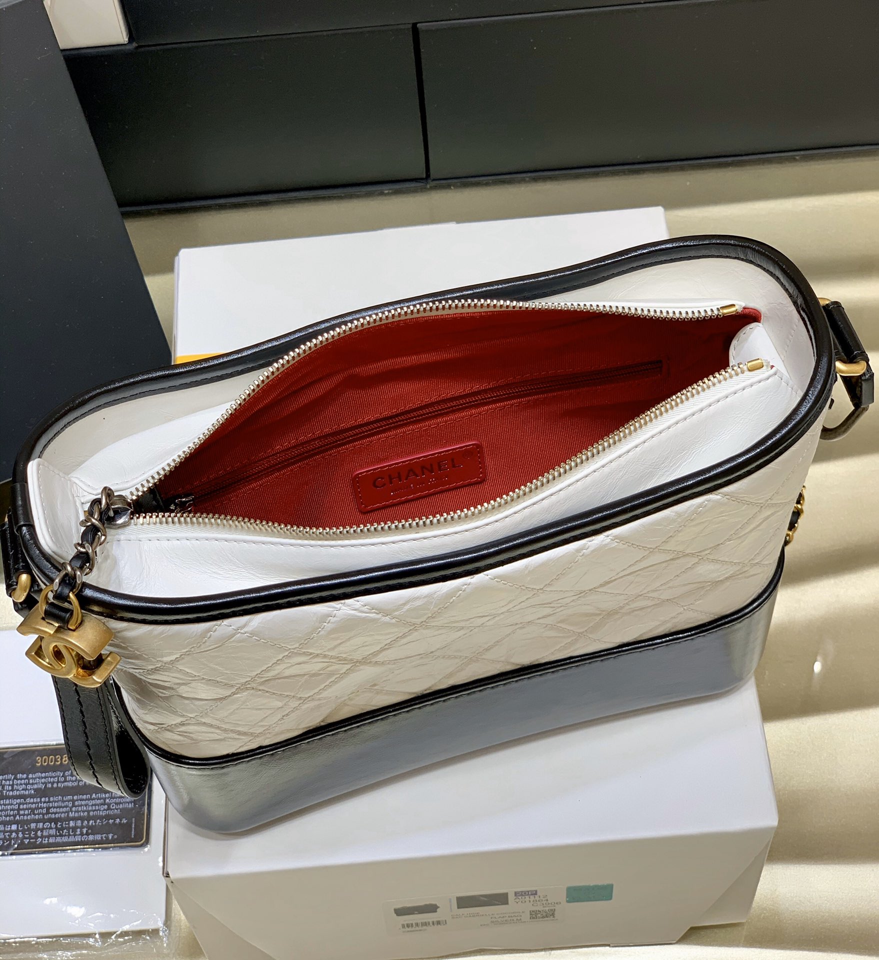 CHANEL Aged Calfskin Quilted Small Gabrielle Hobo White black