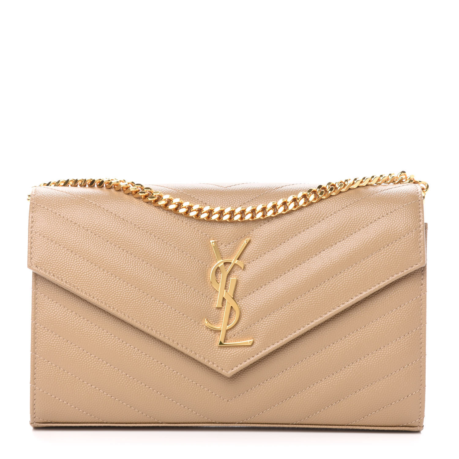 YSL Grain De Poudre Matelasse Chevron Monogram Chain Wallet Deep Beige