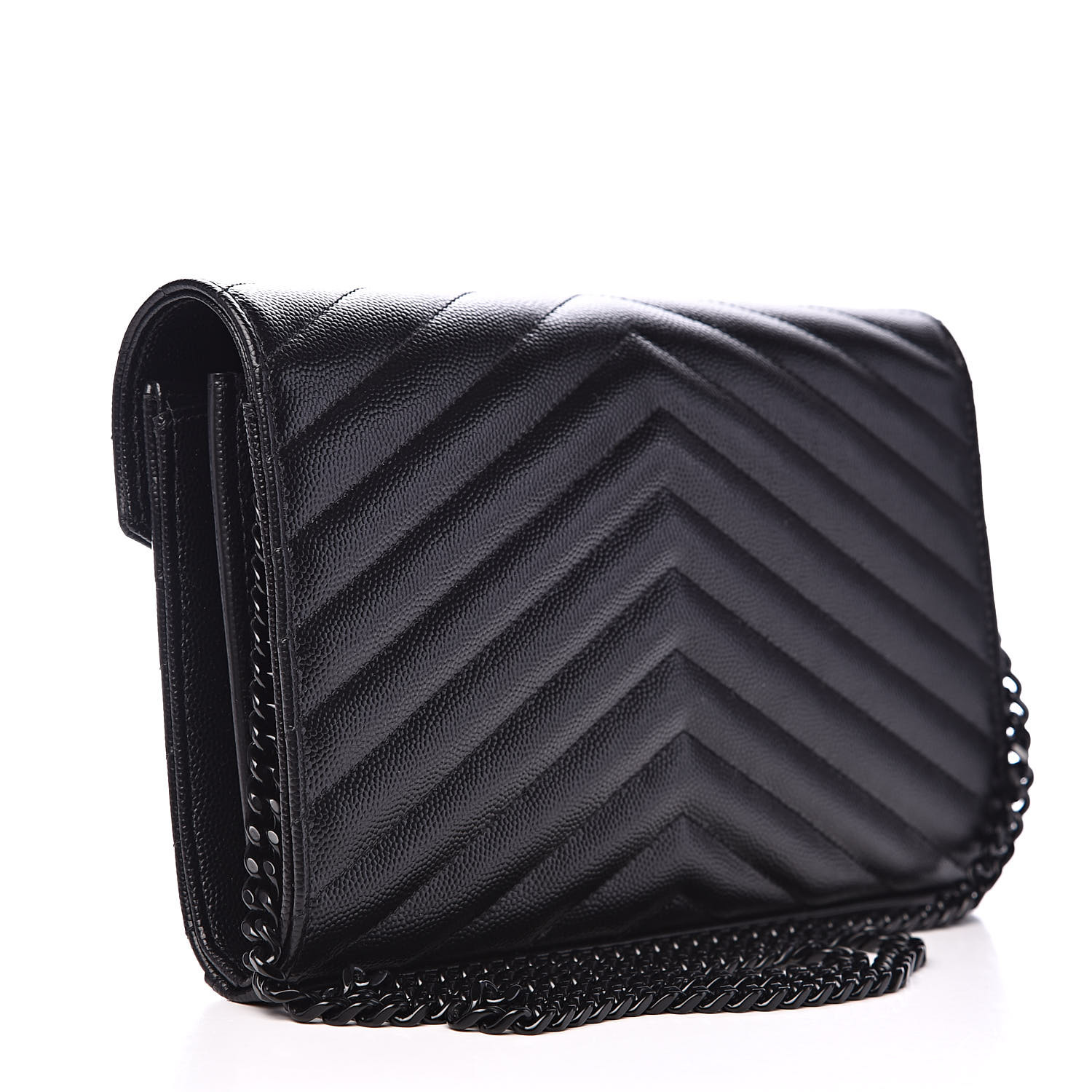 YSL Grain De Poudre Matelasse Chevron Monogram Chain Wallet Black