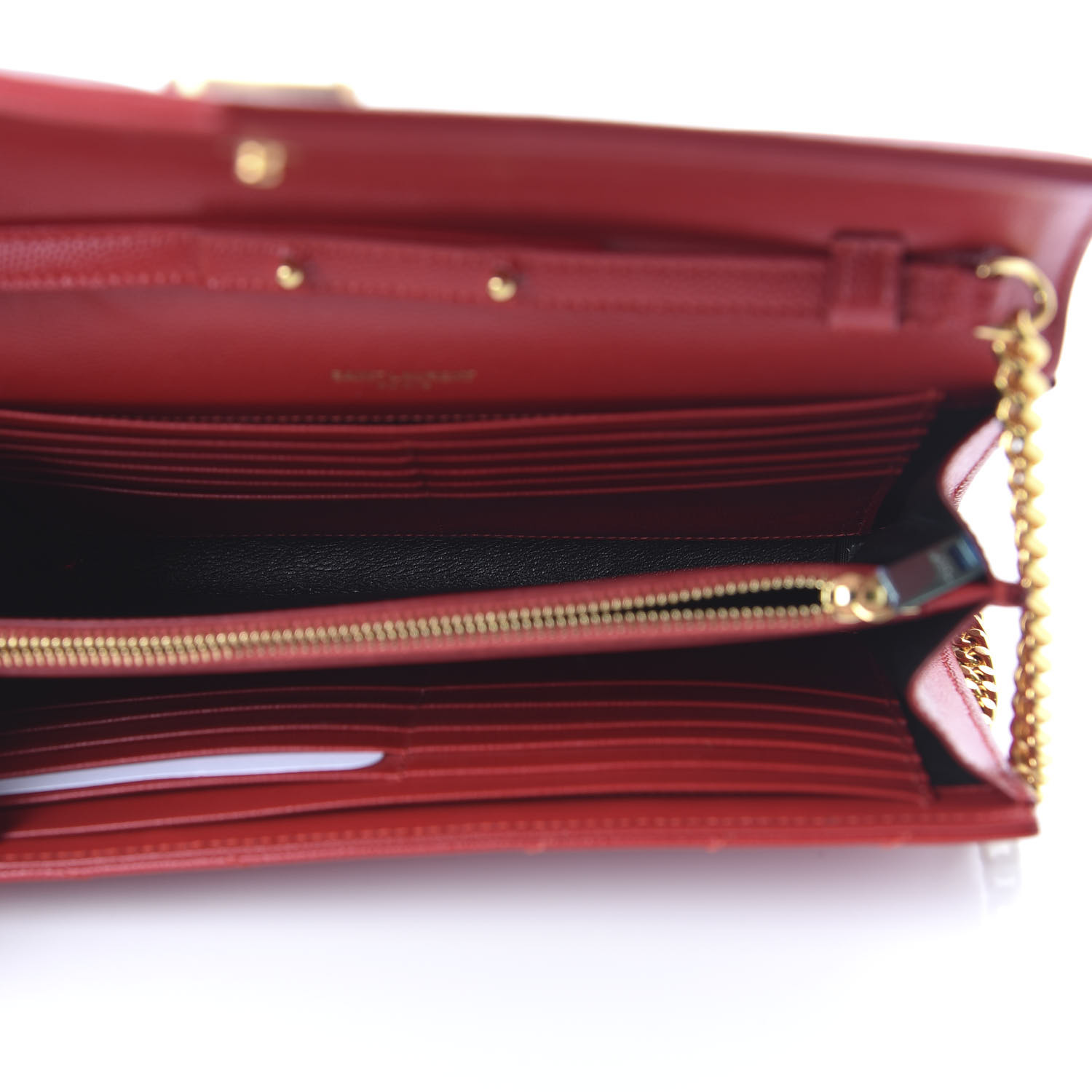 YSL Grain De Poudre Matelasse Chevron Monogram Envelope Chain Wallet Red