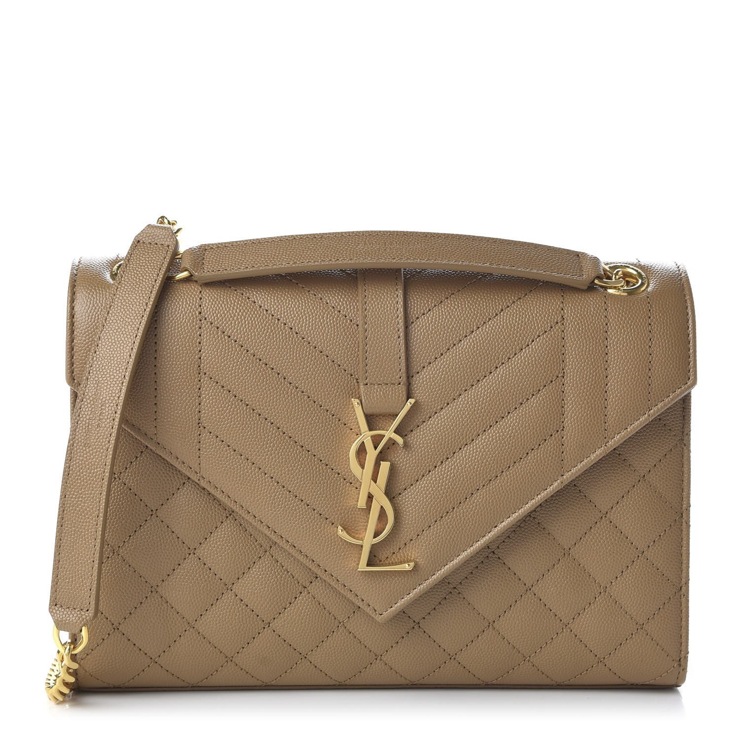 YSL Grain De Poudre Textured Mixed Matelasse Medium Triquilt Monogram Satchel Natural Tan